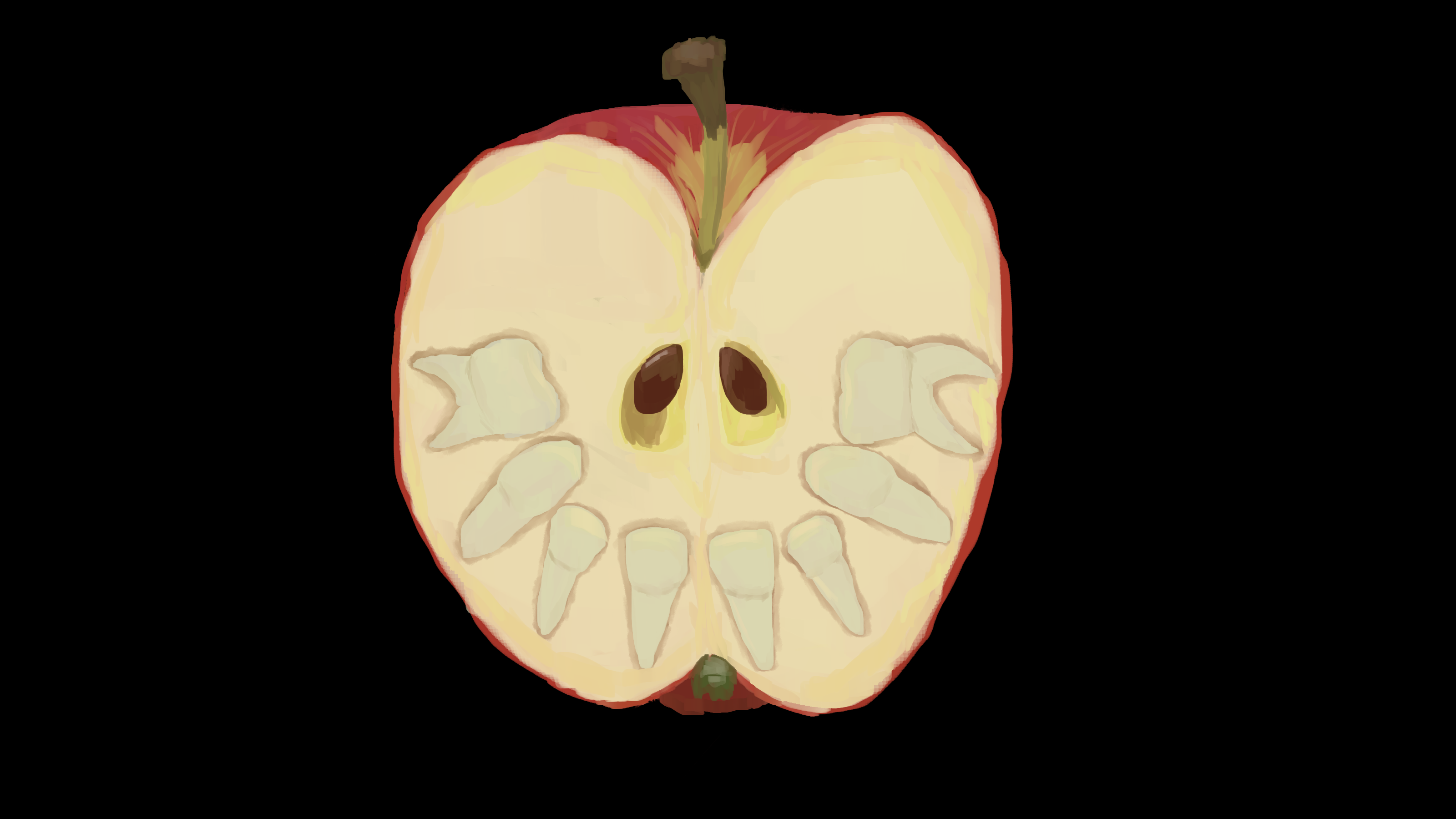 A digital painting of the apple from the magnus archives 34, an apple cut half to show human teeth arranged inside in a smile, the seeds take on the appearance of eyes.